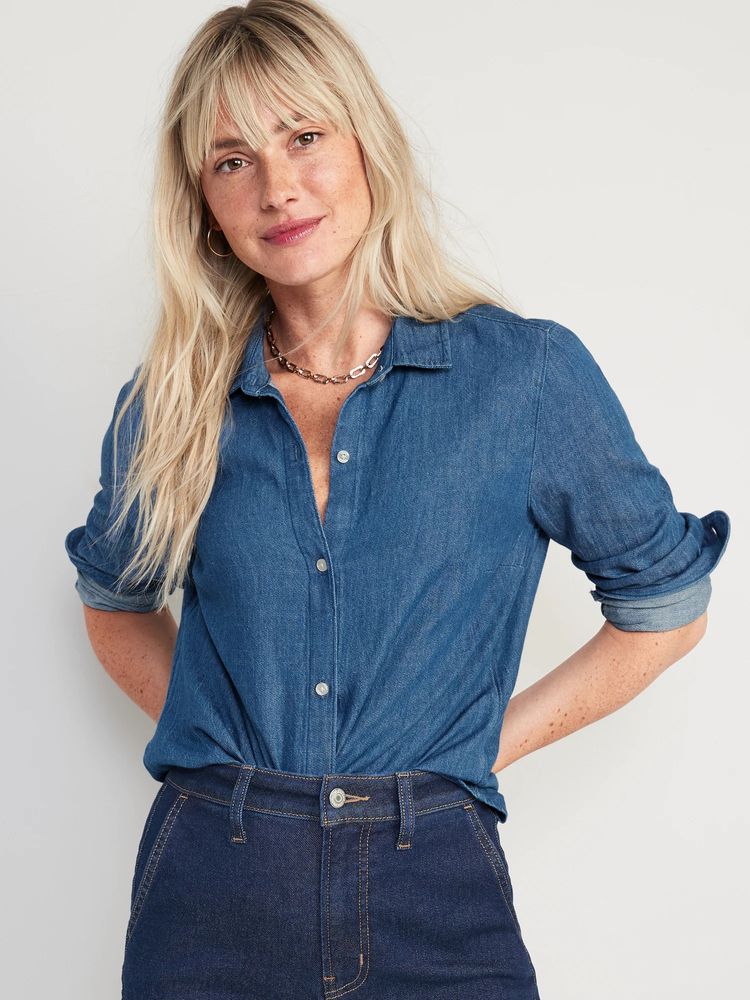 Chambray Classic Button-Front Shirt for Women