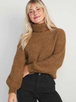 Marled Shaker-Stitch Tunic-Length Turtleneck Sweater for Women