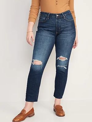 High-Waisted Button-Fly O.G. Straight Ripped Cut-Off Jeans for Women