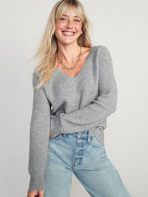 V-Neck Heathered Shaker-Stitch Cocoon Sweater for Women