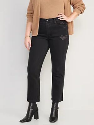 High-Waisted Slouchy Straight Cropped Distressed Jeans for Women