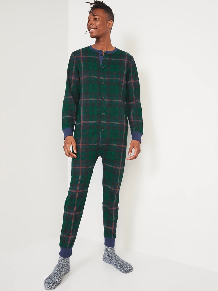 Thermal-Knit Matching Print One-Piece Pajamas for Men