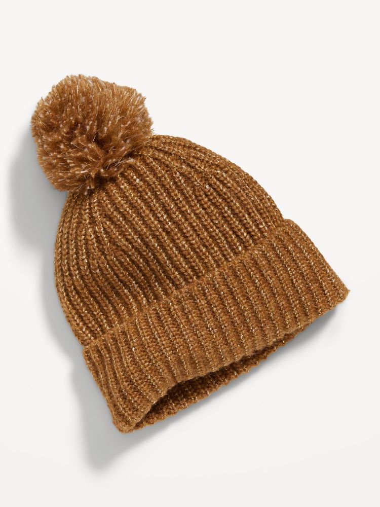 Cozy Sweater-Knit Mlange Pom-Pom Beanie Hat for Girls