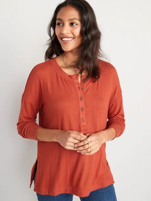 Long-Sleeve Plush-Knit Henley Tunic T-Shirt for Women