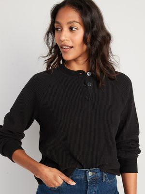 Thermal-Knit Raglan-Sleeve Henley T-Shirt for Women