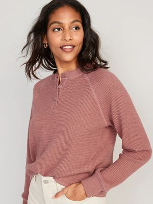 Waffle-Knit Henley Top for Women