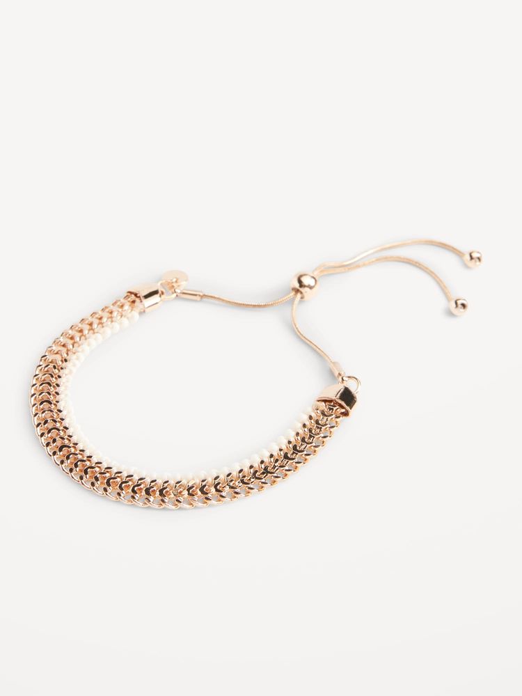 Gold-Tone Adjustable Beaded Snake Chain Bangle Bracelet for Women