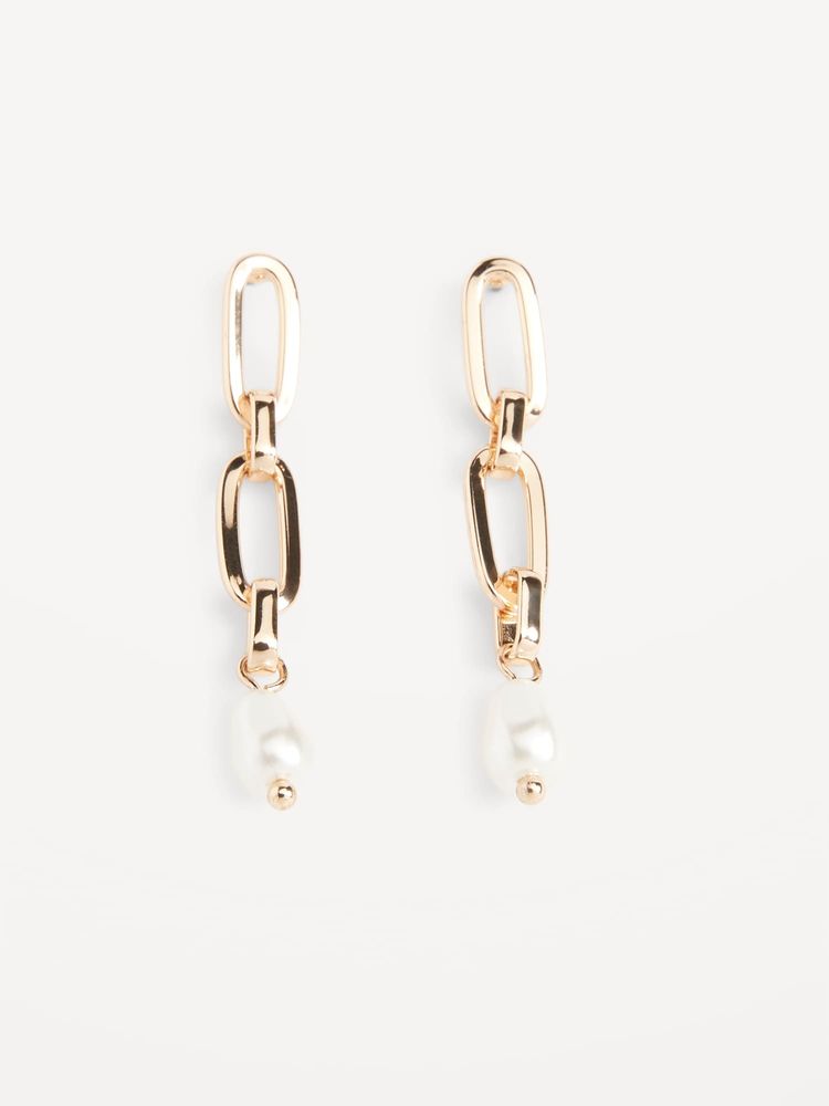Gold-Tone & Faux-Pearl Dangling Chain-Link Earrings for Women