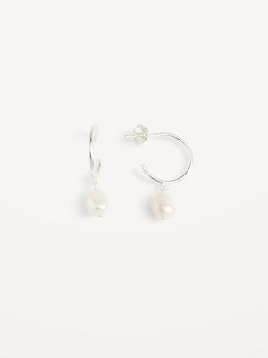 Sterling Silver Dangling Pearl Hoop Earrings for Women
