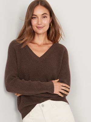 V-Neck Mlange Shaker-Stitch Cocoon Sweater for Women