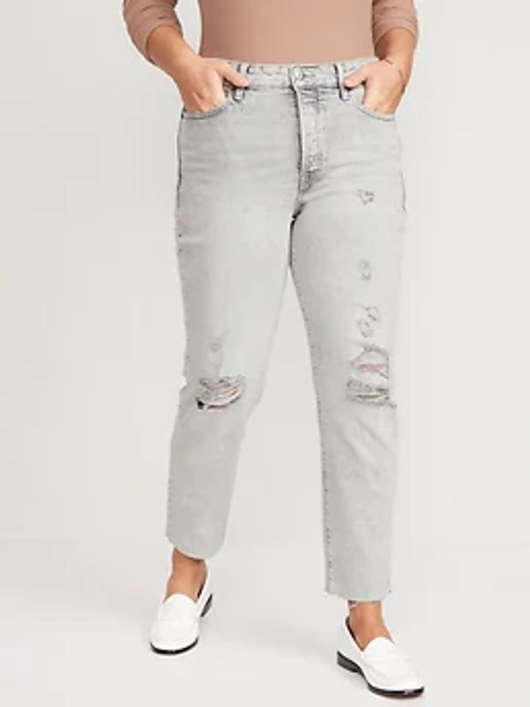 High-Waisted Button-Fly O.G. Straight Ripped Gray Cut-Off Jeans for Women
