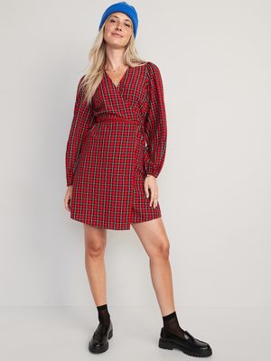 Puff-Sleeve Plaid Seersucker Mini Wrap Dress for Women