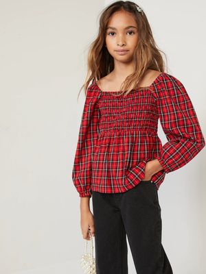 Long-Sleeve Smocked Plaid Cutout Bow Top for Girls
