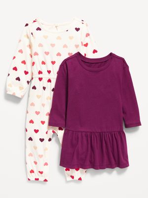 2-Pack Printed Drop-Waist Dress and Solid One-Piece for Baby