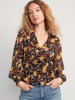 Puff-Sleeve Floral-Print Smocked Tie-Front Blouse for Women