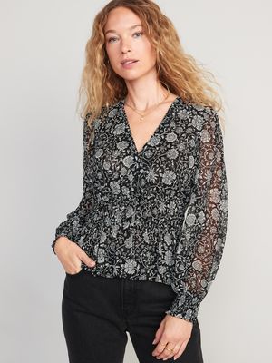 Puff-Sleeve Floral-Print Smocked Tie-Front Blouse for Women