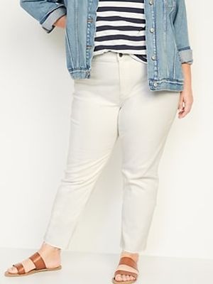 Mid-Rise Boyfriend Straight Cut-Off White Jeans for Women