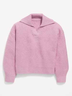 Shawl-Collar Shaker-Stitch Cropped Pullover Sweater for Girls