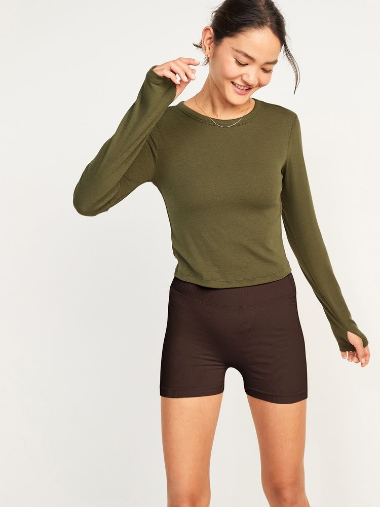 UltraLite Long-Sleeve Crew-Neck Ribbed Cropped Top for Women