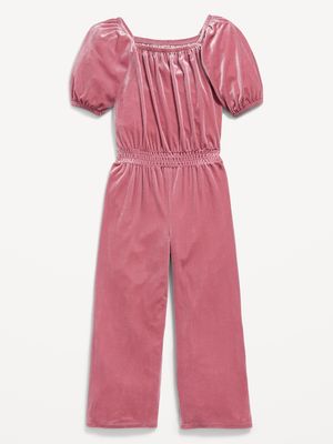 Cozy Velvet Puff-Sleeve Smocked Jumpsuit for Girls