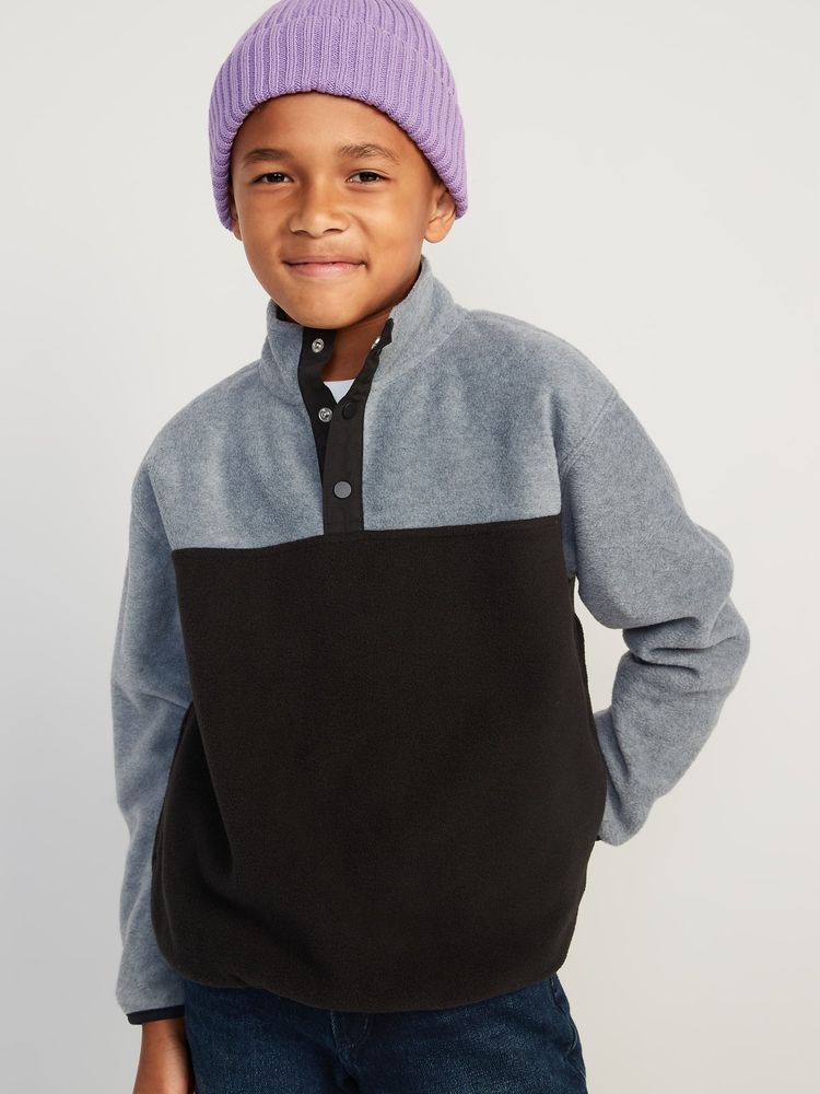 Micro Fleece 1/4-Snap-Button Color-Block Pullover Sweater for Boys