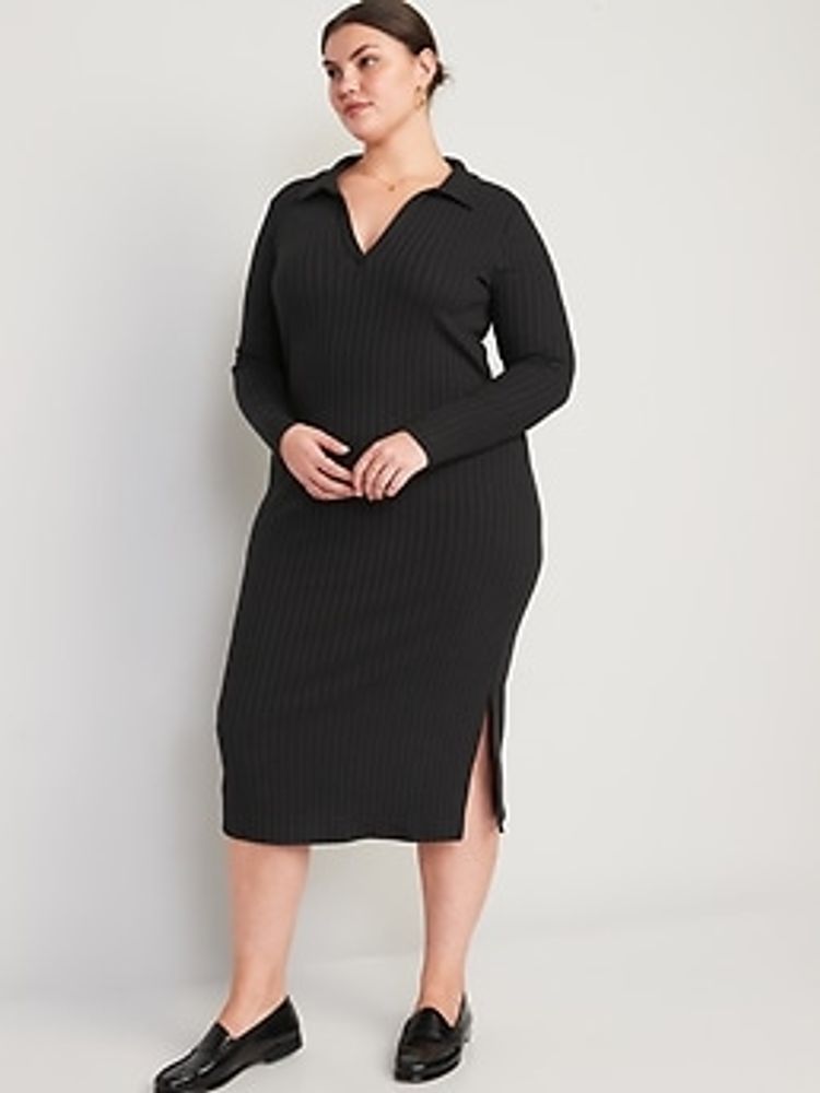 Fitted Rib-Knit Midi Polo Dress for Women