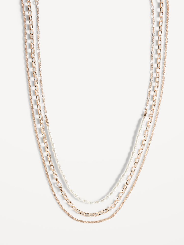 Gold-Tone Faux-Pearl Bead Layer Chain Necklace for Women