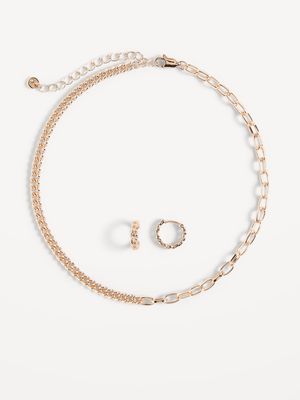 Gold-Tone Chain Choker Necklace and Hoop Earrings Set for Women