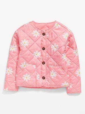 Collarless Quilted Printed Button-Front Jacket for Girls