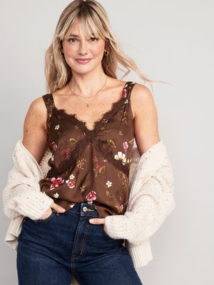 Lace-Trimmed Floral Satin Cami Top for Women