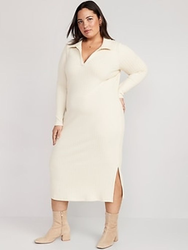 Fitted Rib-Knit Midi Polo Dress for Women