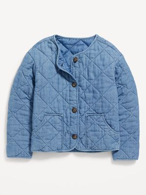 Collarless Quilted Chambray Button-Front Jacket for Girls