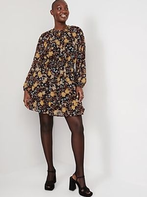Waist-Defined Printed Smocked Mini Dress for Women