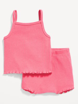 Rib-Knit Lettuce-Edge Cami & Shorts Set for Baby