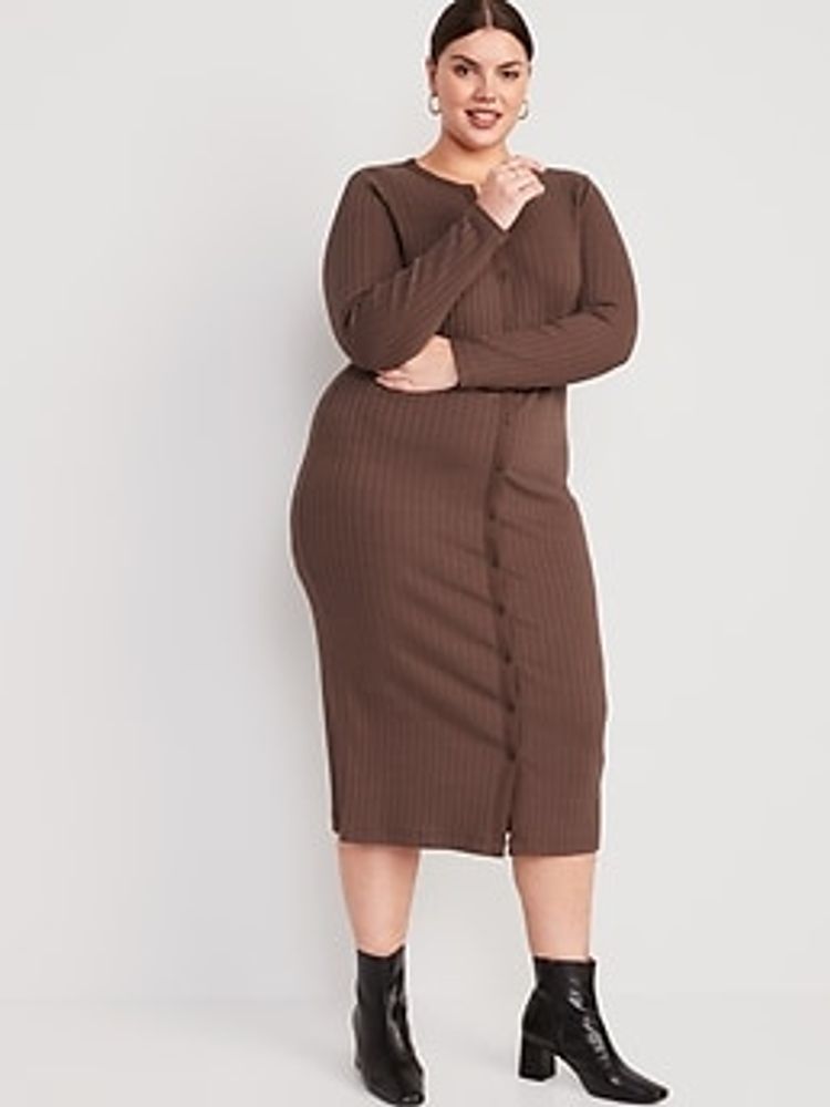 Fitted Rib-Knit Midi Button-Front Dress for Women