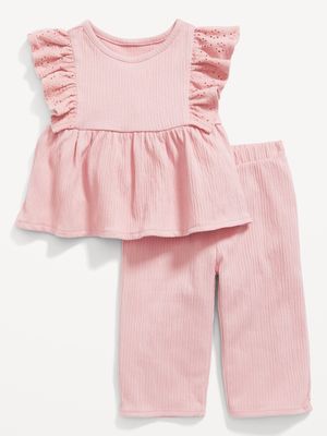 Sleeveless Ruffle & Eyelet-Trim Top & Wide-Leg Pants Set for Baby