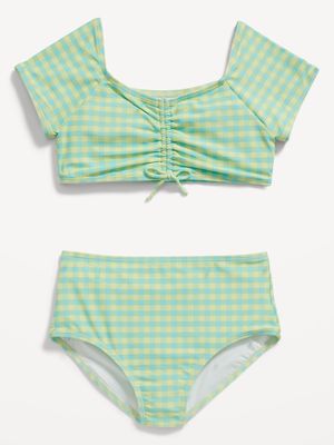 Patterned Ruched Tankini Swim Set for Girls
