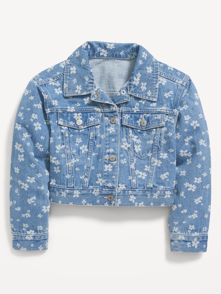 Cropped Floral-Print Jean Trucker Jacket for Girls