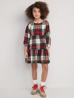 Long-Sleeve Button-Front Plaid Swing Dress for Girls