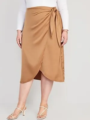 High-Waisted Satin Midi A-Line Wrap Skirt for Women