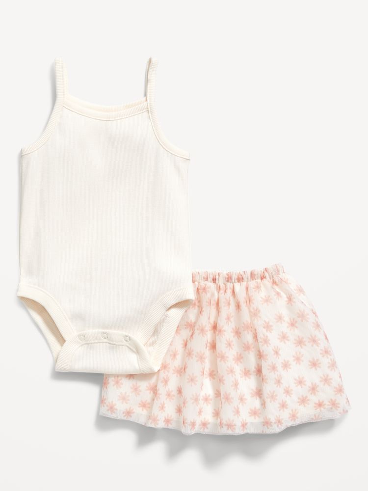 Sleeveless Rib-Knit Bodysuit & Printed Tulle Tutu Skirt Set for Baby