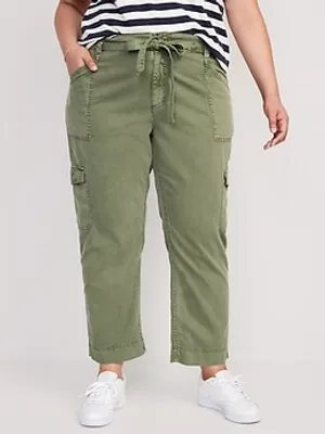 High-Waisted Tie-Belt Cargo Straight Workwear Ankle Pants for Women