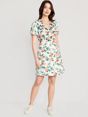 Matching Floral Puff-Sleeve Mini Wrap Dress for Women