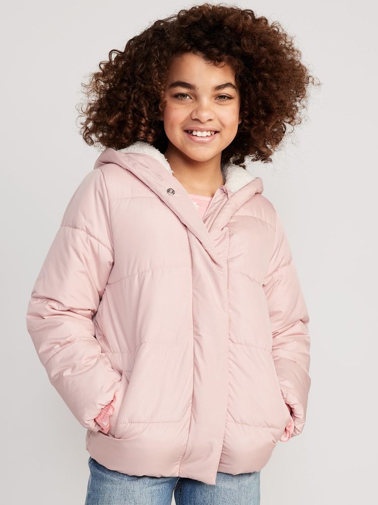 Sherpa-Lined Hooded Puffer Jacket for Girls