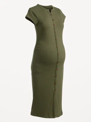 Maternity Fitted Rib-Knit Midi Henley Dress