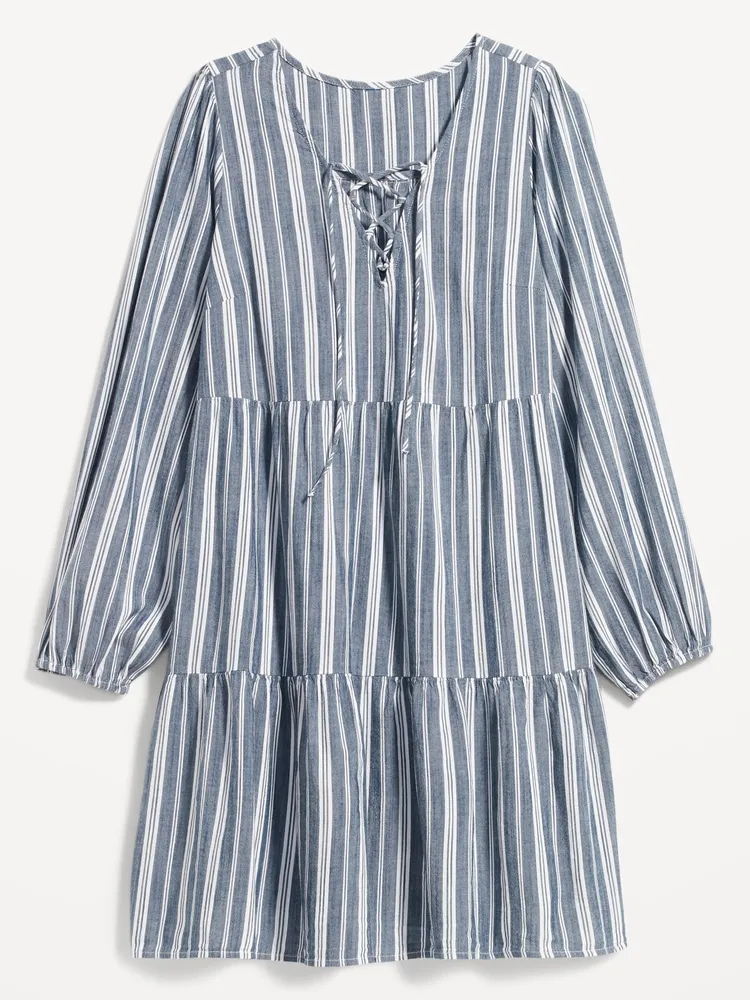 Striped Tiered Lace-Up Mini Swing Dress for Women