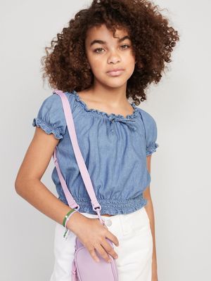 Short Puff-Sleeve Smocked Chambray Top for Girls