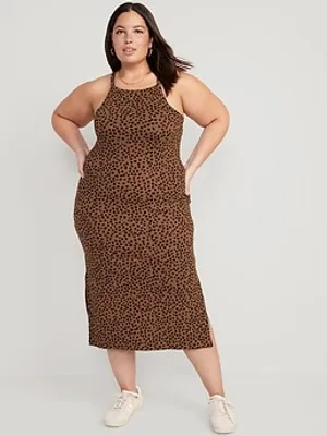 Fitted Leopard-Print Sleeveless Rib-Knit Midi Dress for Women