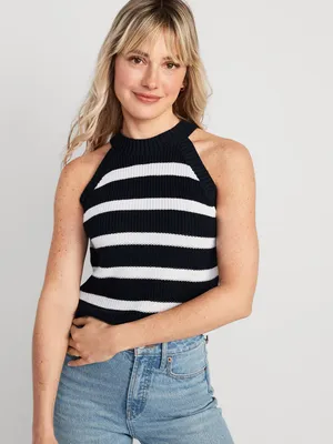 Sleeveless Striped Cropped Shaker-Stitch Sweater for Women