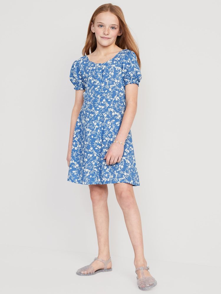Puff-Sleeve Button-Front Fit & Flare Dress for Girls